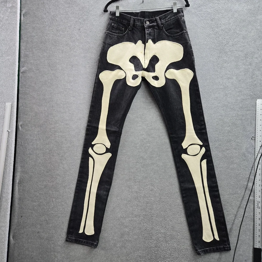 MNML Men Jeans 28 Black Denim Skinny Skeleton Patchwork Emo Goth Grunge Y2K READ